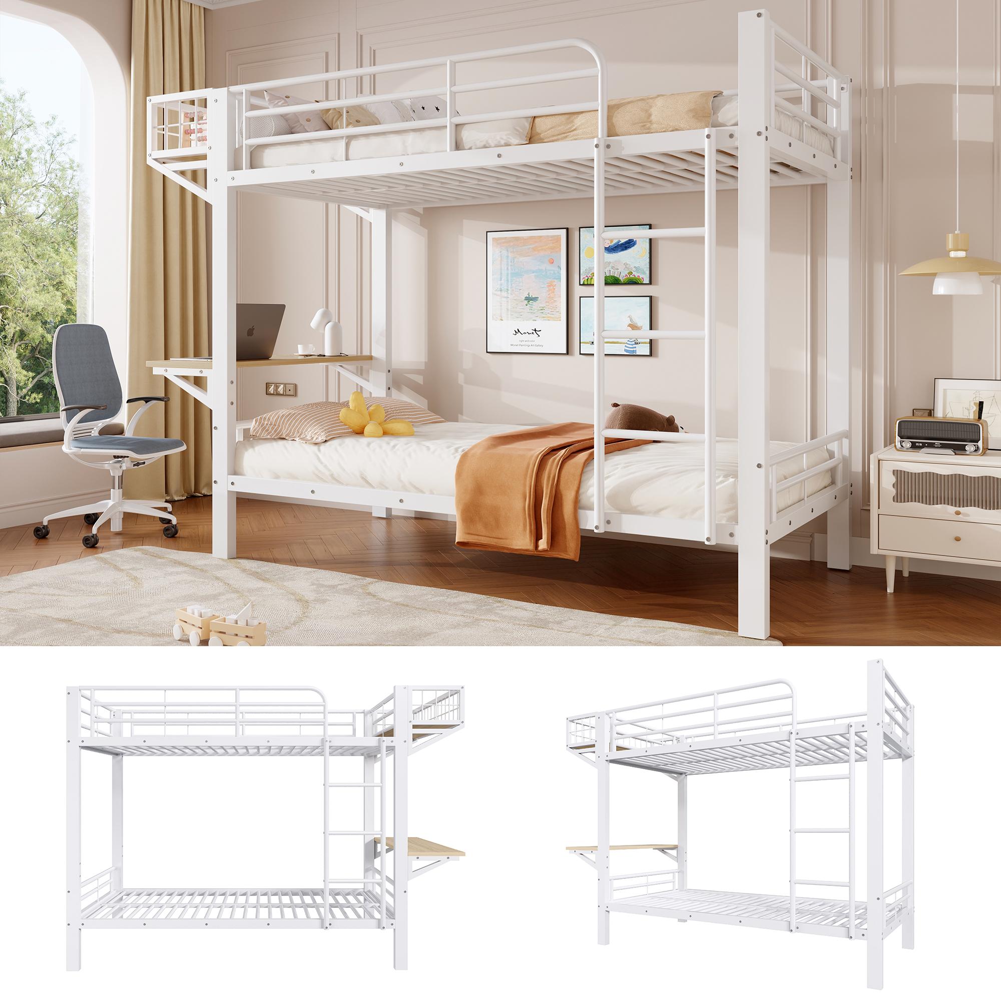 Etagenbett 90x200cm, Metall, Schreibtisch, offenes Staufach, Geländer, Leiter, ohne Matratze (Weiß)