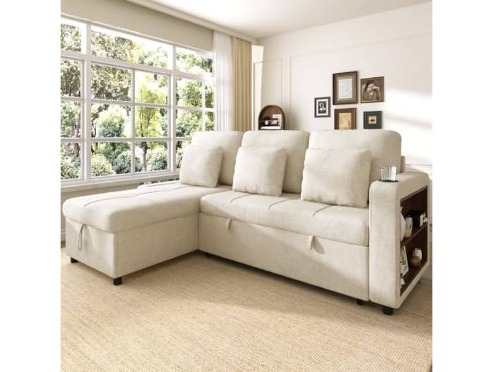 BXEYXE 3-Sitzer Schlafsofa Klappbar - Multifunktionales Ausziehsofa aus Chenille mit Bettkasten, Armlehnen-Regal & Becherhalter - Moderne Couch für Wohnzimmer, Apartments & Gästezimmer