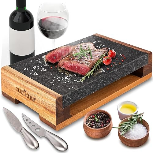 NutriChef Grillsteen Set met Lava Rock Grillplaat en RVS Messen voor Steak, BBQ en Vlees