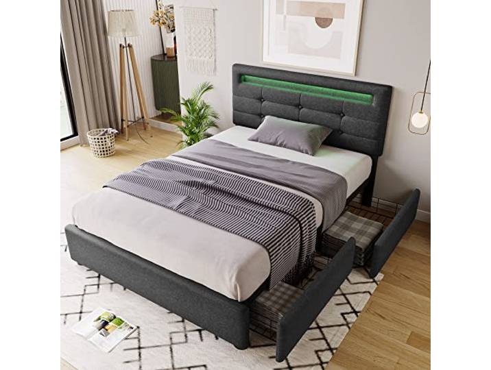 Merax Polsterbett 90x200cm mit LED-Beleuchtung und 2 Schubladen, Einzelbett Bettgestell mit Lattenrost und Höhenverstellbarem Kopfteil, Leinenmaterial, Jugendbett, Grau, ohne Matratze