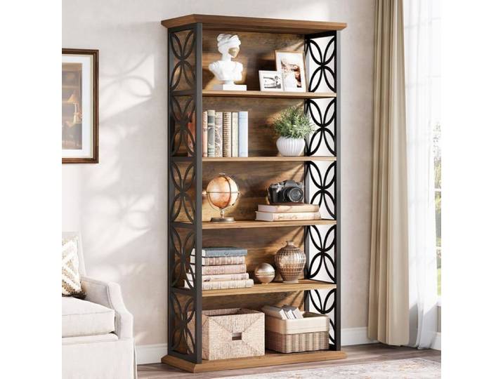 Finmind Bibliothèque Haute à 6 Niveaux 80 x 32 x 180 cm Bibliothèque avec Cadre en Métal Marron