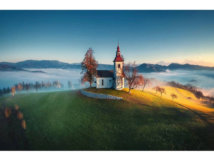Fototapete PAPERMOON PANORAMA-KIRCHE SONNE GEBIRGE LANDSCHAFT SLOWENIEN XXL , bunt, B:2m L:1,49m, Vlies, Tapeten, Fototapete