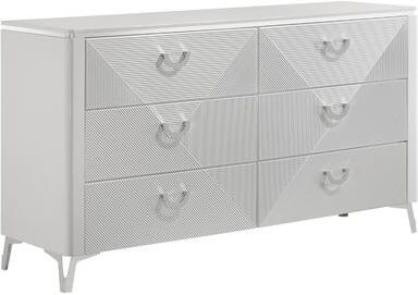 Benjara Ivana 63 Inch Wide Dresser with 6 Drawers, Geometric Front, White Wood