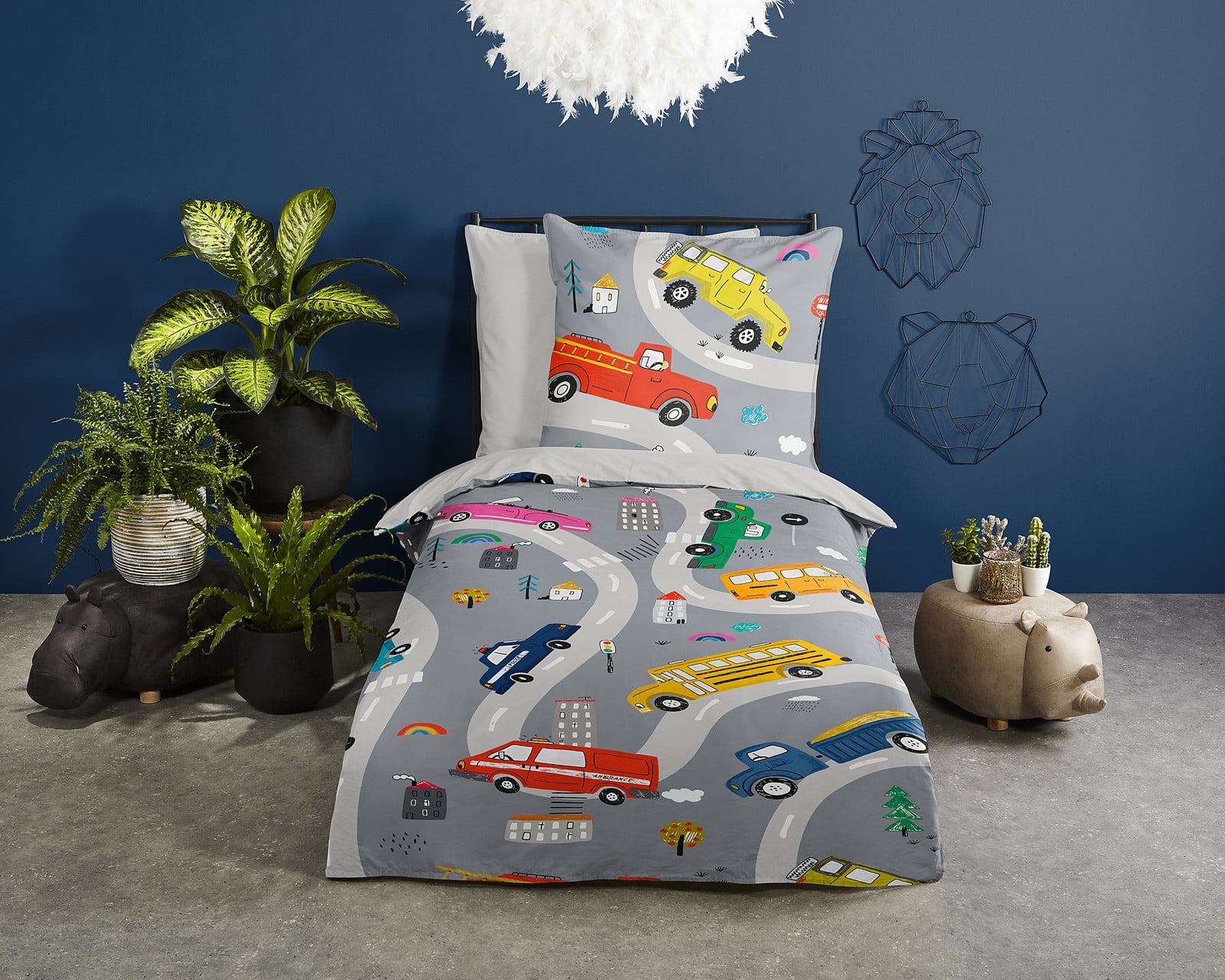 Pure Kinderdekbedovertrek Voyage Grijs met voertuigprint - 135 x 200 cm
