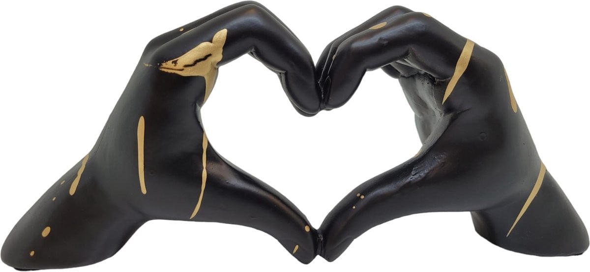 Gilde Handwerk Love Sign Hands Beeld Sculptuur - Zwart Goud - Polyresin Liefdeshanden met Hart