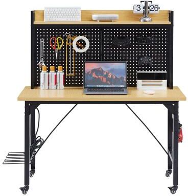 Justmaellc Heavy Duty Wooden Desktop Workbench with Wheels and pegboard - Yellow+Black