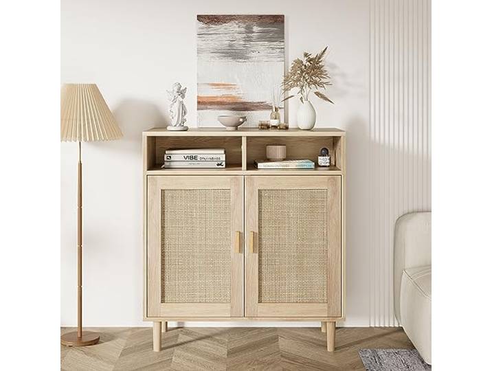 Thaookte Aufbewahrungsschrank, Rattan Sideboard Schrank Mit 2 Rattan-Türen & 2 Offenem Fach, Küche Akzentschrank Mit Massivholzfüßen, Buffetschrank Für Esszimmer, Flur, Eingang, Wohnzimmer
