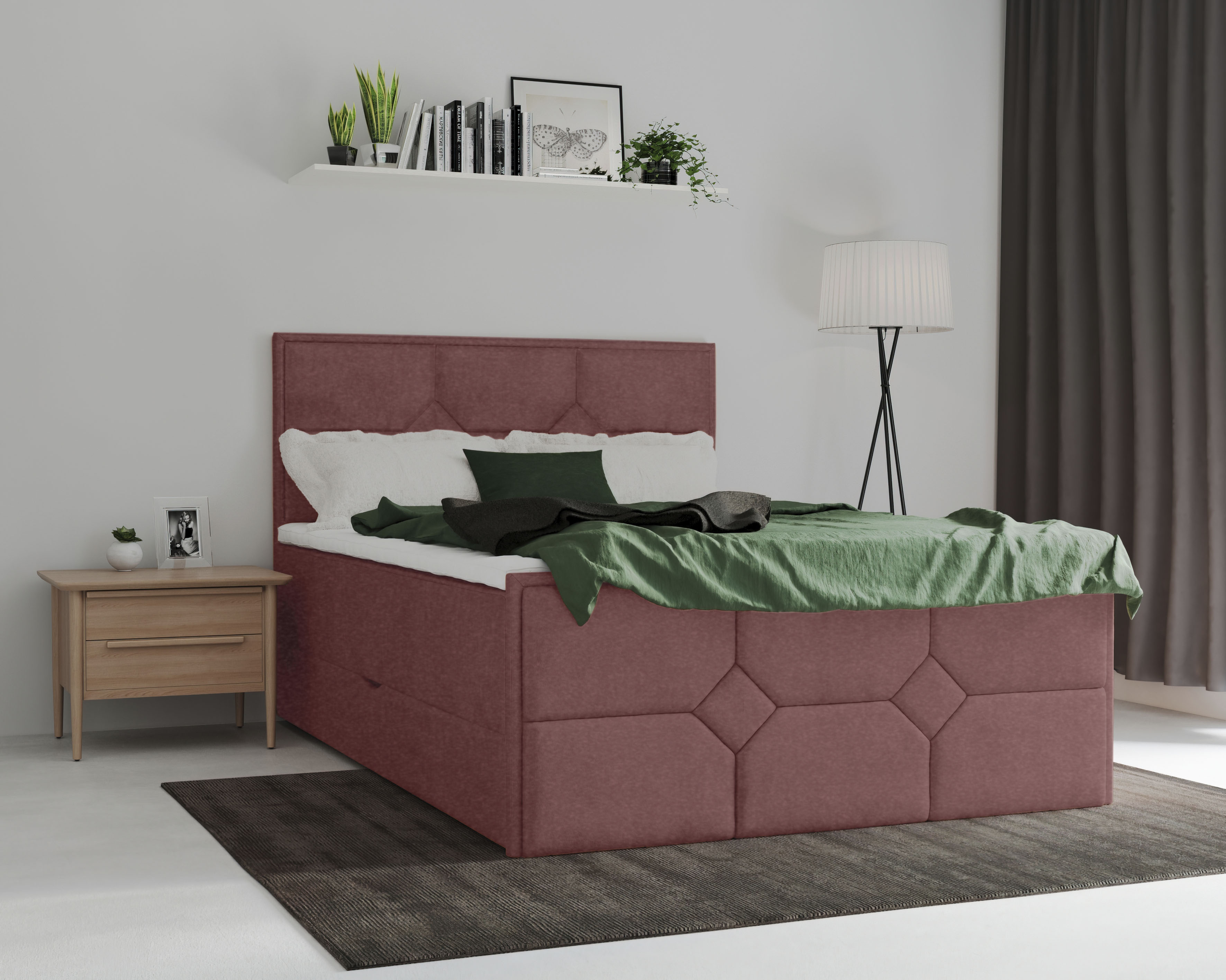 Boxspringbett HOME AFFAIRE "Ambre", rot (burgunderrot), B:121cm L:210cm, Komplettbetten, Boxspringbett, mit Taschen-Federkernmatratze burgunderrot Samtvelours Holz teilmassiv, Liegefläche B/L: 120cm x 200cm, H2 + H2, Taschen-Federkernmatratze