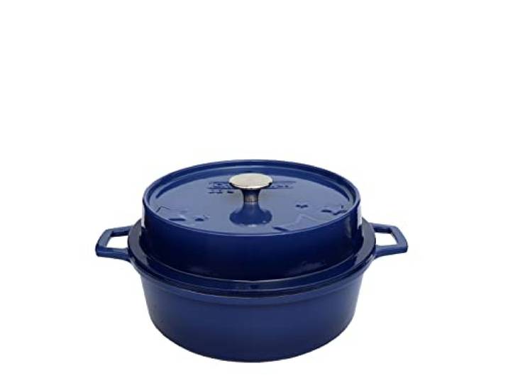Grillfürst farbig emaillierter Dutch Oven ca. 4 Liter Fassungsvermögen - stabil stehender Gusseisentopf ohne Füße, blaue kratzfeste Emaillierung, multifunktional, ca. 15,5 x 34,3 cm, DO4