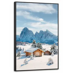 LEINWAND Bilder mit Rahmen - Winter - Hütte - Berge - Aussicht - Schnee - 60x90