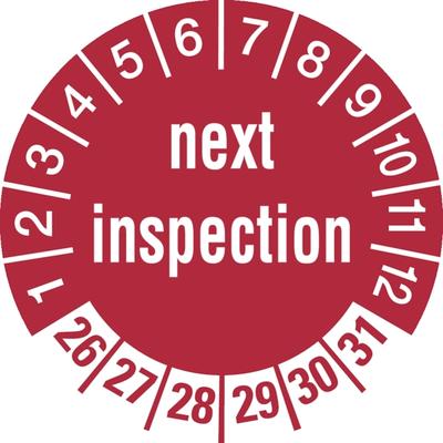 Prüfplakette ab 26, next inspection, rot/weiß - Bogen = 10 Plaketten - 30 mm Folie selbstklebend