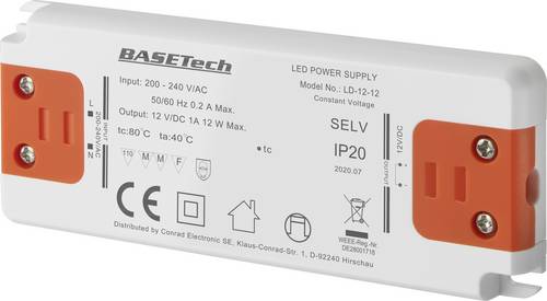 Basetech LD-12-12 LED-Trafo Konstantspannung 12W 1A Möbelzulassung, Überspannung, Montage auf entflammbaren Oberflächen 1St.