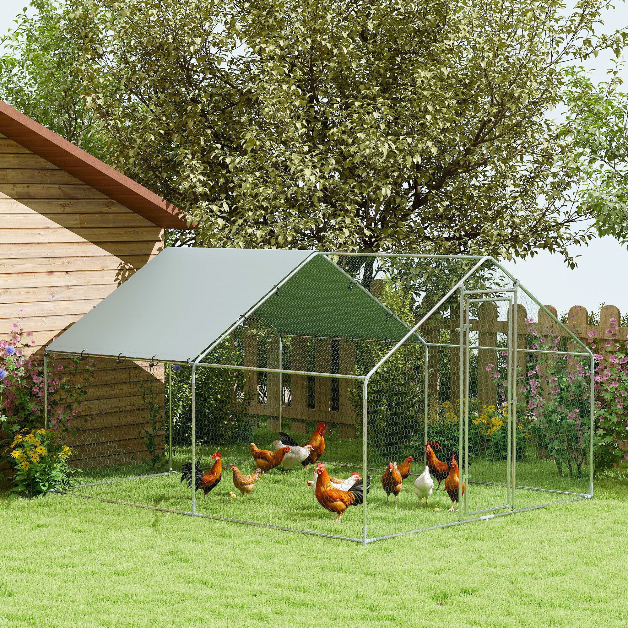 Pawhut Recinto per Galline da 10.2m² per 10-15 Galline con Tetto Impermeabile, in Acciaio e Tessuto, 3x3.4x1.9 m, Argento   Aosom Italy