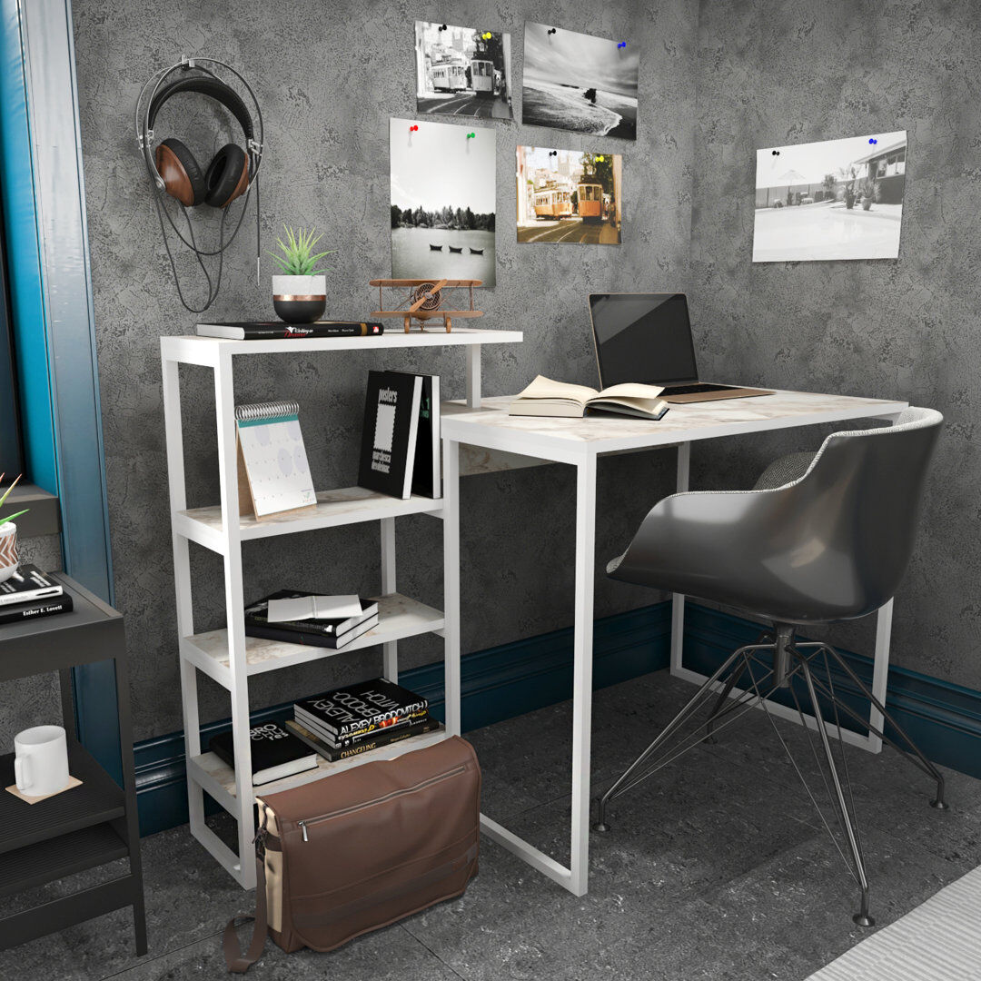 Hashtag Home Amarah 133cm W Rectangular Computer Desk White Marble Effect 91.8cm H X 133cm W X 60cm D