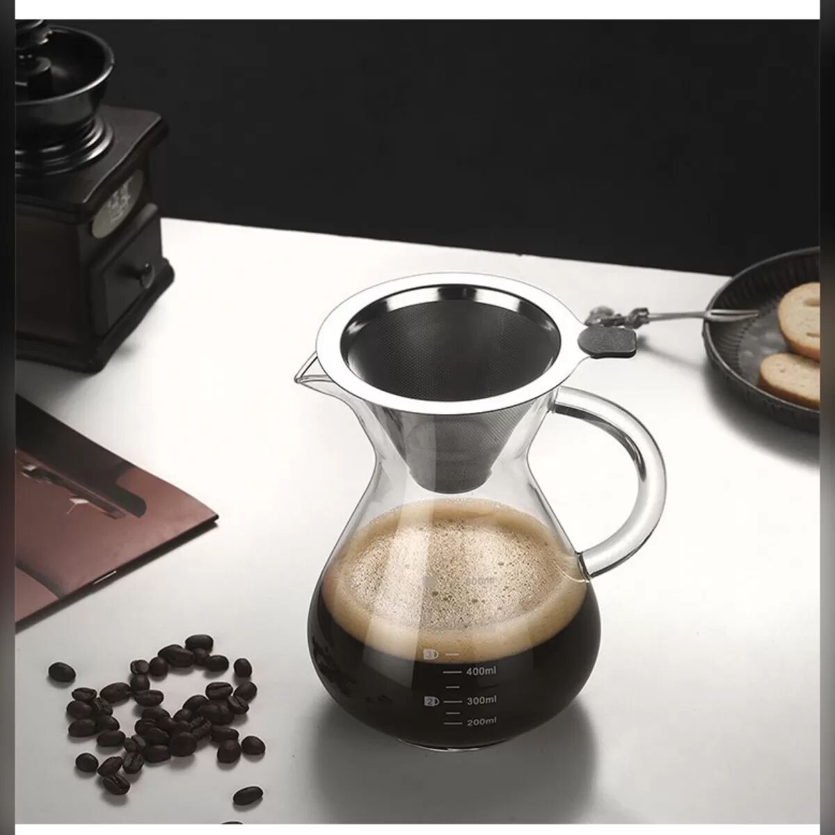 INF Glas Pour Over Kaffeebereiter mit Griff und Edelstahlfilter 600 ml