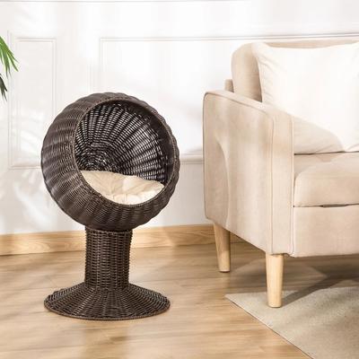 Multicon Wholesale Hub Rattan Wicker Elevated Cat House With Cushion Cozy Kitty Scratch House For Indoor Cats Rattan Wicker Elevated Cat House With Cushion Cozy Kitty Scratch House For Indoor Cats
