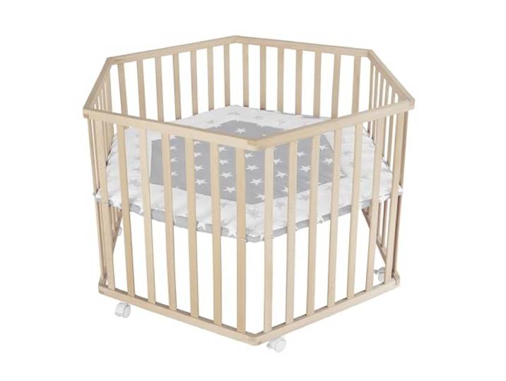 roba Laufgitter hexagonal mit Einlage im Design 'Little Stars' - Echtholz Buche - Laufstall 3‑fach höhenverstellbar - Mobil & sicher dank Bremsrollen - Holz natur