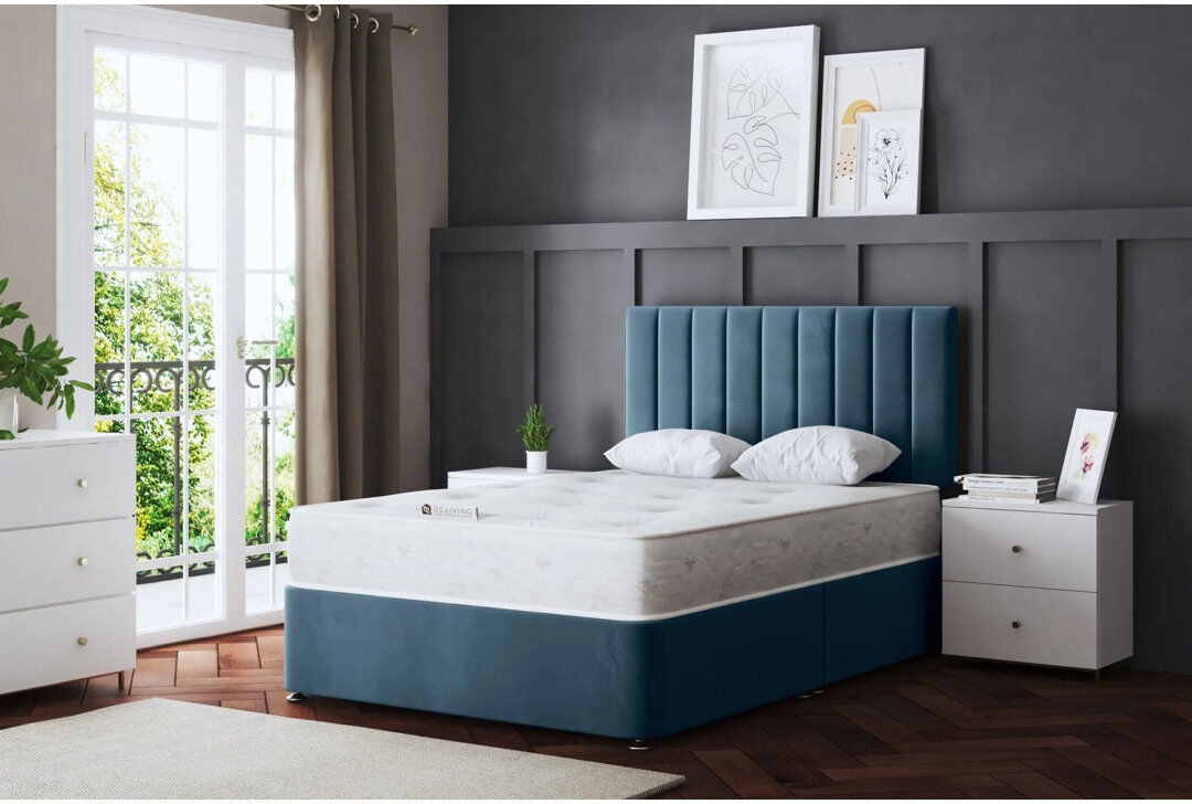 DS Living Upholstered Panel Divan Bed with Headboard Sky Blue Kingsize (5')