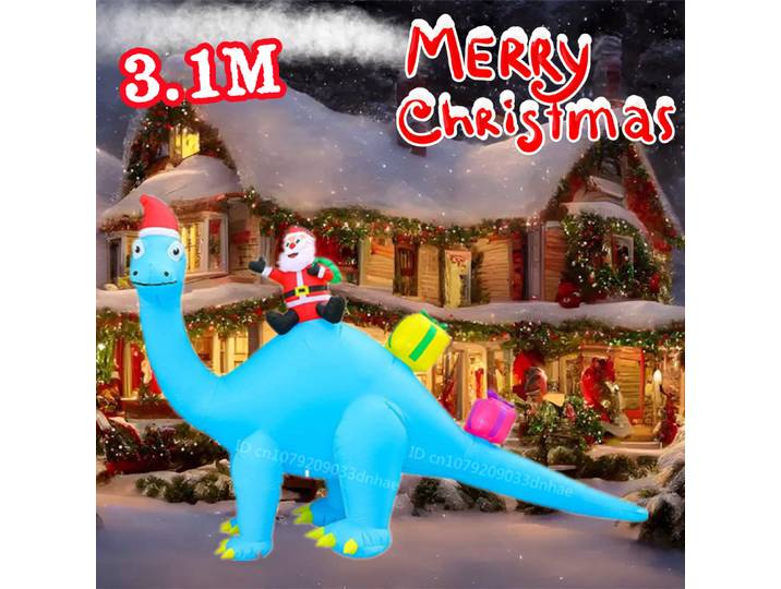 Dinosaure Bleu Gonflable de Noël avec Lumières LED, Accessoire Décoratif de Vacances, Cour Extérieure, Cadeau de Père Noël, 3.1m de Long