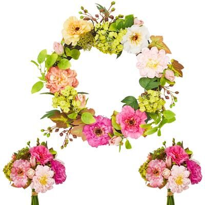 Garvee Artificial Floral Spring Peony and Hydrangea Wreath , D, Includes 2 Matching Bouquets, for Front Door Home Decor