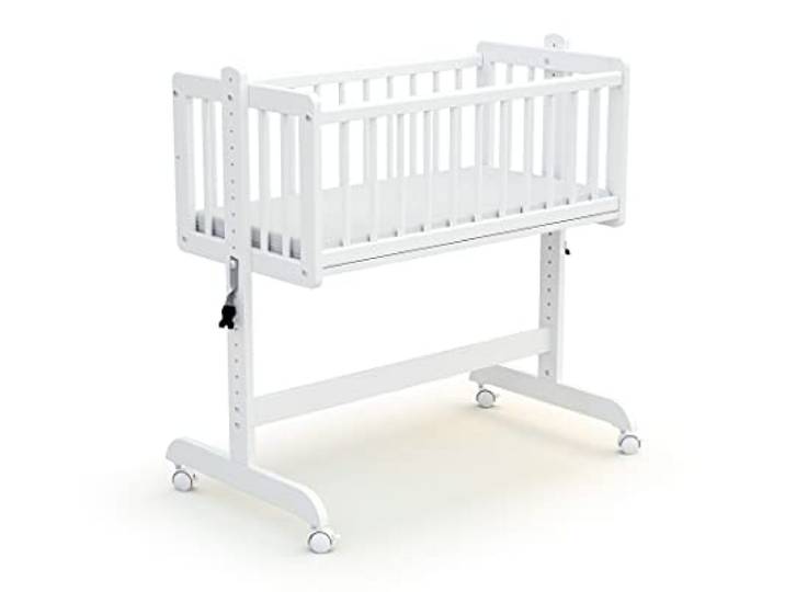 AT4 - Wiege Babybett Beistellbett Holz mit Matratze Essentiel Weiß 5 in 1 Wiege MassivHolz Höhenverstellbar 80x40cm Transformierbar und skalierbar