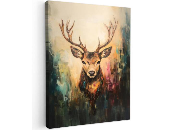 MuchoWow Leinwandbild - Hirsch - Gemalt - Geweih - Braun - 60x80 - Gemälde, Haselnussfarben, Textil, Kiefer, Abstrakt, Rechteckig, 60x80 cm, gerahmt, Bilder & Rahmen, Bilder, Wandbilder