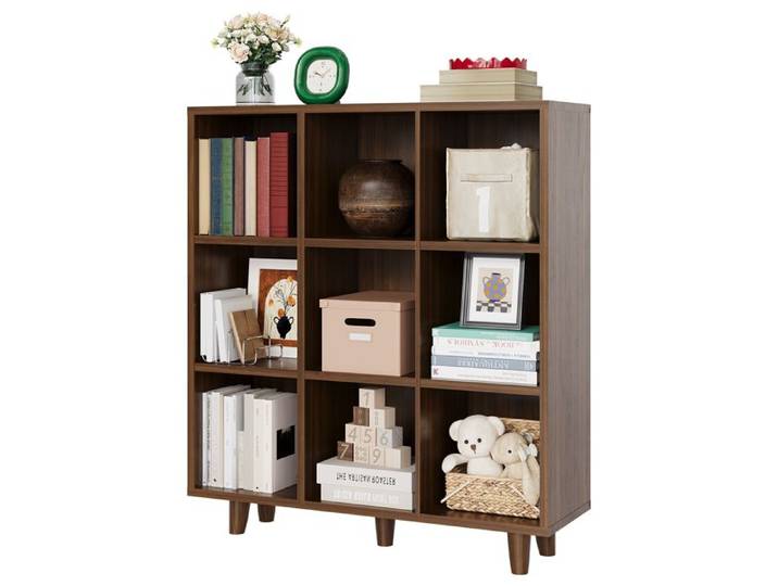 JOLLYTOP Bibliothèque 9 cubes style mid-century étagère ouverte sur pieds en bois finition brun rustique anti-basculement