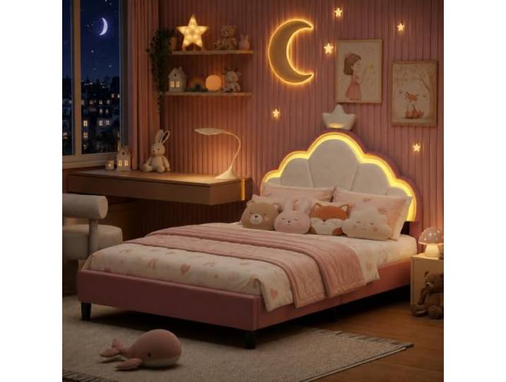 DAHUEN Kinderbett 140x200 für Mädchen, Polsterbett mit Krone-Kopfteil und LED-Beleuchtung, Prinzessinnenbett aus Samt mit Lattenrost, Jugendbett Rosa