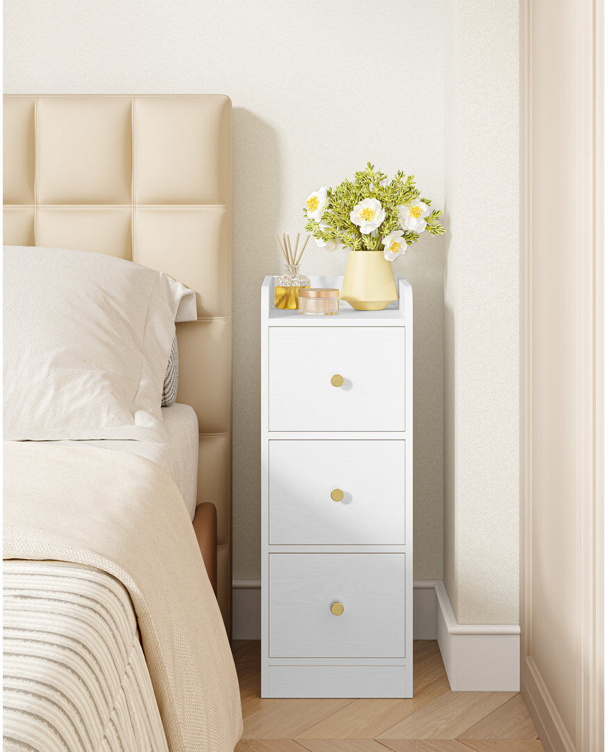 Metro Slim Bedside Table Set of 2, Narrow Side End Tables with 3 Drawers, Bedside Cabinet with Top Guard, Small Nightstand for Bedroom, Living Room, Office, White 60cm H X 24cm W X 30cm D