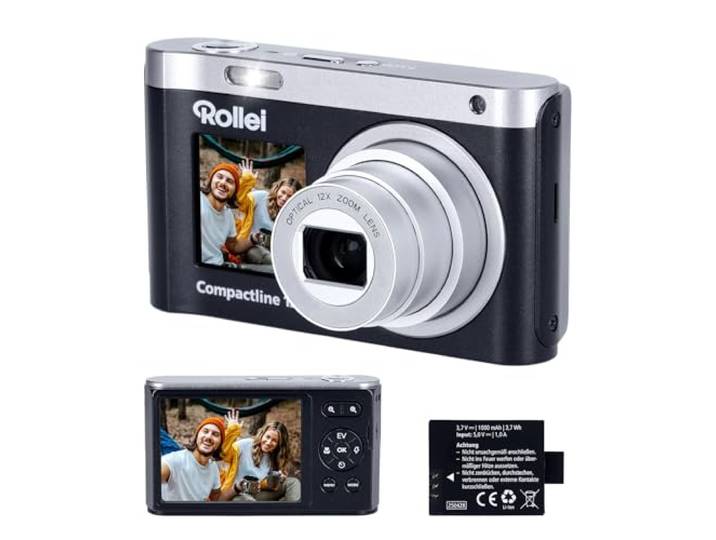 Digitale camera, 64 MP, 4K, Rollei Compactline, 12x optische zoomcamera voor vlogging met dubbel display, draagbaar voor beginners, digitale camera, digitale machine, fotocamera