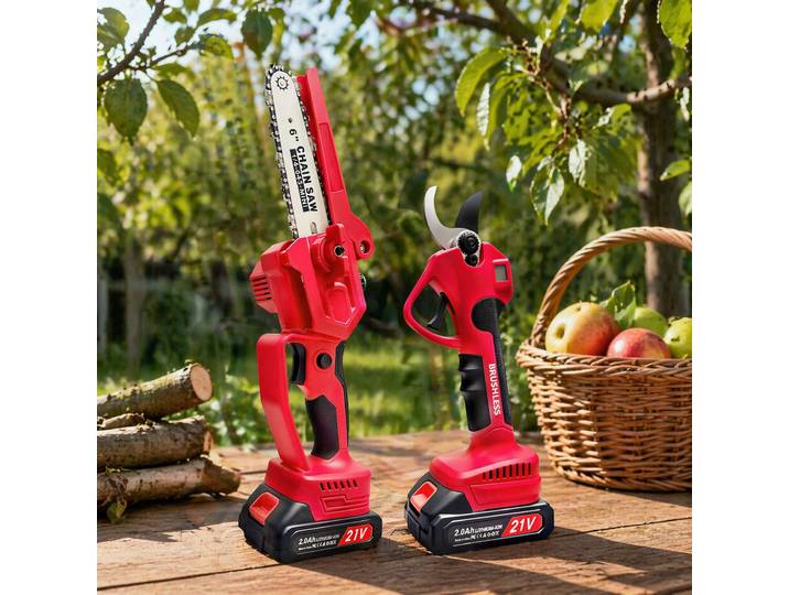 Mini-tronçonneuse sans fil 4-en-1 Tope Saster 21V 6 pouces, ciseaux électriques pliables, scie télescopique, 2 batteries, rouge