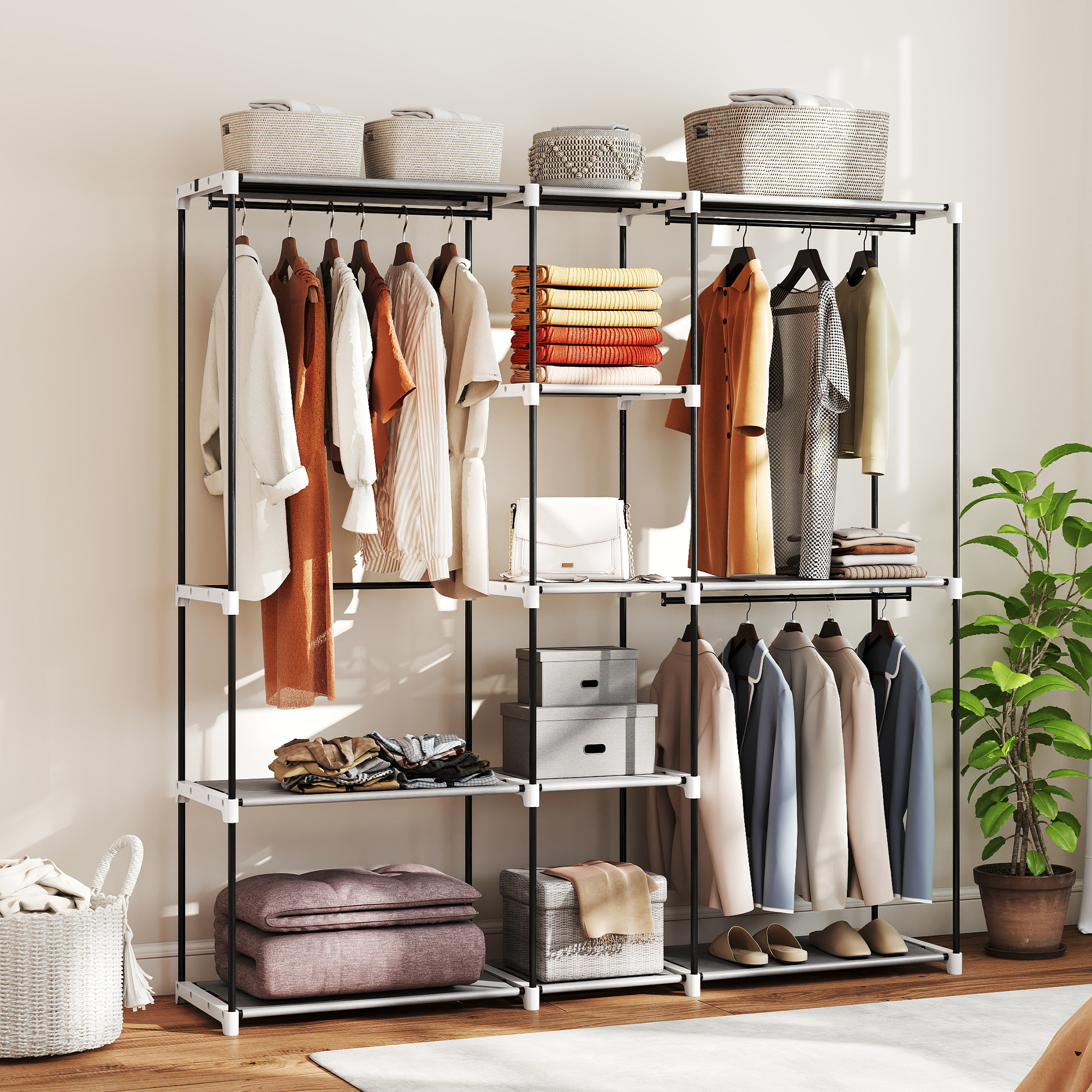 Homcom Armadio per Abiti Aperto con 8 Ripiani in Tessuto, Barre Appendiabiti e Struttura in Metallo, 182x43x185 cm, Grigio Chiaro   Aosom Italy