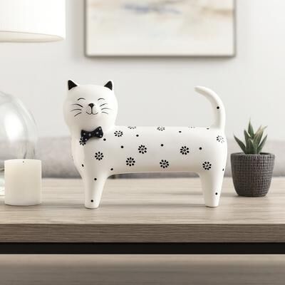 Sagebrook Home Decorative Floral Ceramic Cat Figurine Sculpture with Bowtie