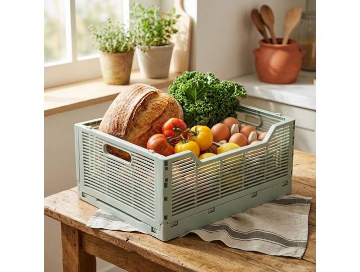 Rechteckige Klappbox mit Griffen, grau-grün, 40 x 30 x 17 cm