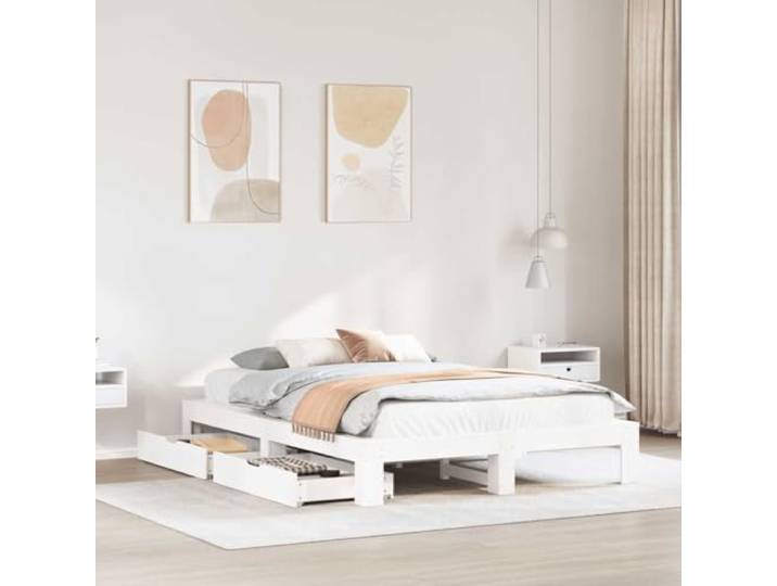 RJPLMFV Bettgestell, Weiß, 140 x 200 cm, massives Kiefernholz Mit 2 Schubladen, Lattenrost inklusive, Rollen für einfache Manövrierung
