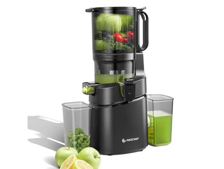 AMZCHEF Automatischer Slow Juicer, Entsafter mit 145 mm XL-Einfüllöffnung 1,8 L Behälter Kaltpress-Entsafter mit Vollkupfermotor für Obst & Gemüse, Auto-Reverse & Dreifachfilter - Schwarz
