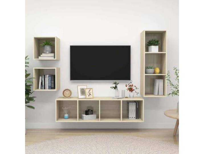 HEFZGDB 4-TLG. TV-Schrank-Set Sonoma-Eiche Holzwerkstoff Wandmontage mit Stauraum für Organisation