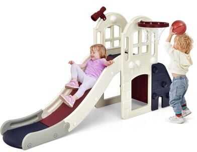 6-In-1 Slide for Kids Toddler Climber Slide Playset w/ Basketball Hoop