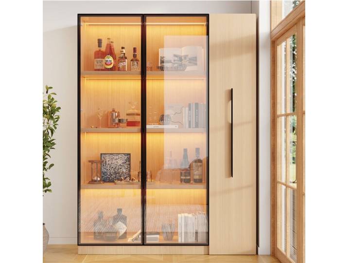 Vitrine MDF Chene Buffet Moderne FloraGrace Pour Salon Ou Bureau LED Et Rangement Extractible 110 5x35x160cm