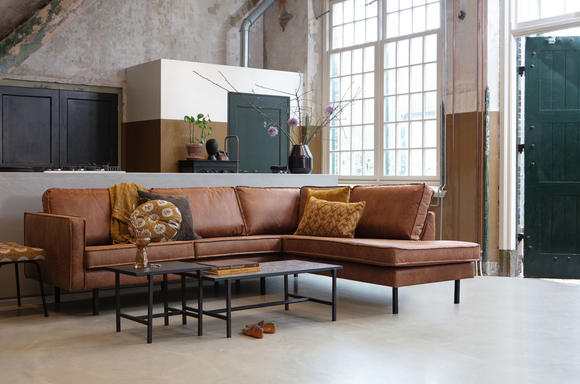 Ecksofa WOOOD "Rodeo Recycling-Lederfaser-Verbundstoff H 85 x B 266 x T 213/86 cm", braun (cognac), B:266cm H:85cm T:213cm, Sofas, Ecksofa, Tragkraft 250 kg, Metallbeine, pfleigleicht, Gute Verschleissfestigkeit cognac B/H/T: 266cm x 85cm x 213cm, Relaxel