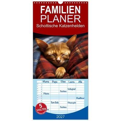 Familienplaner 2027 - Schottische Katzenhelden mit 5 Spalten (Wandkalender, 21 x 45 cm) CALVENDO