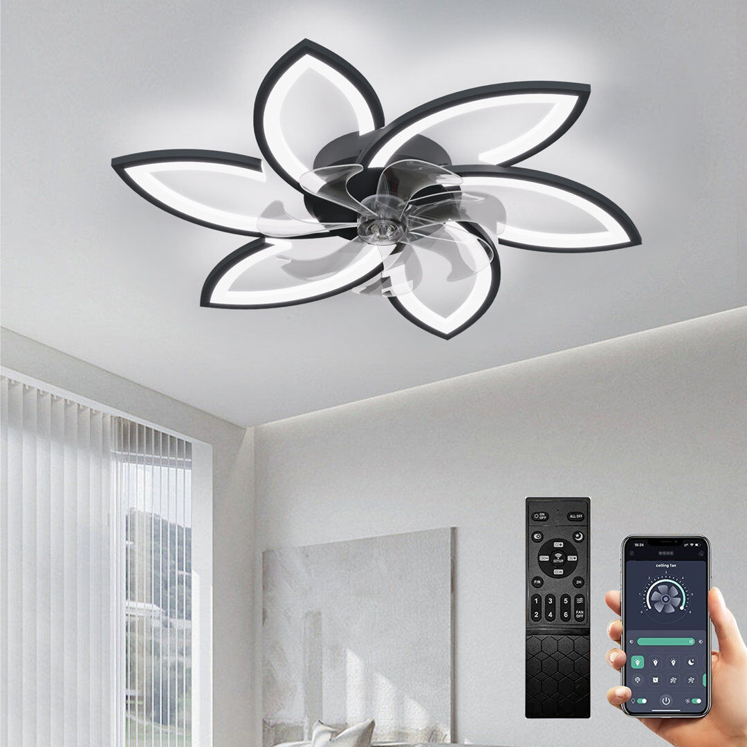 RRBEST LED ceiling fan with lighting, creativity 6 -light, quiet dimmable ceiling light with remote control and app Black 14cm H X 78cm W X 78cm D