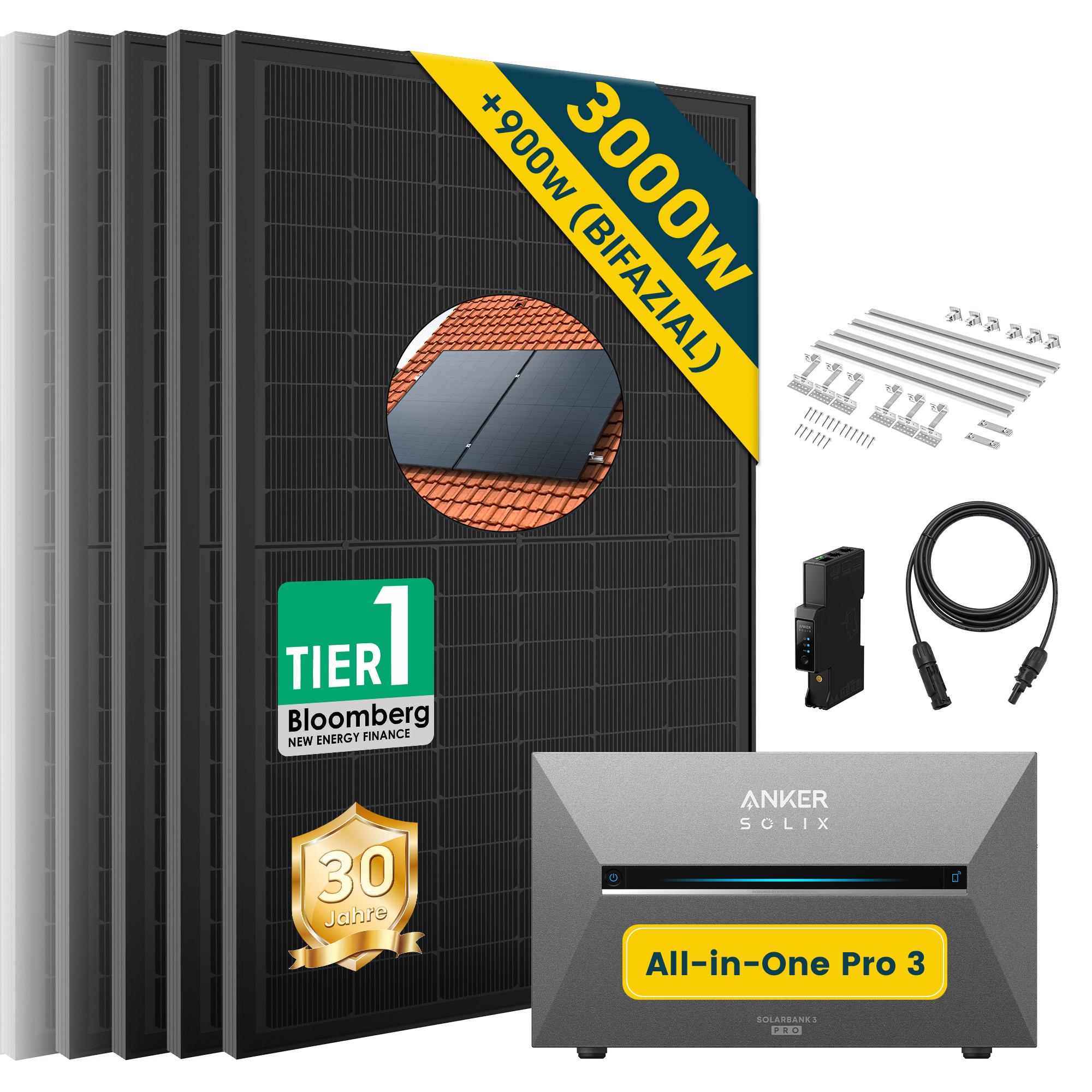 ALLDREI Balkonkraftwerk mit Speicher Anker Solix Solarbank 3 E2700 Pro,Komplettset mit 6x500W Bifazialer Solarpanel & Smarten Zähler