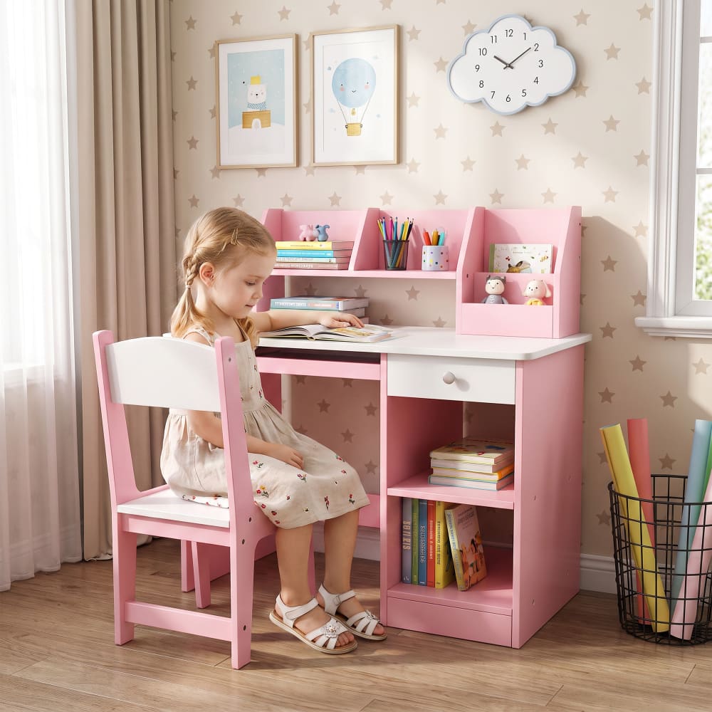 ZONEKIZ Ensemble bureau, chaise, étagère enfant multi-rangement rose Rose 90x90x45cm