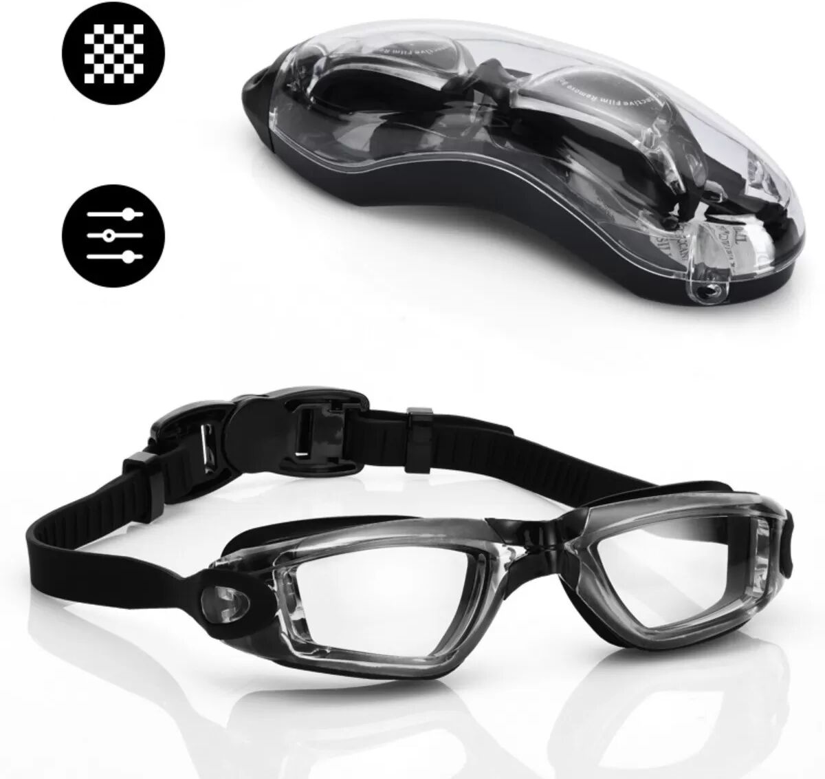 INF Schwimmbrille mit Etui — Beschlaghemmend, UV-Schutz, Weitwinkel-Polycarbonat, Silikondichtung und verstellbares Schwarz