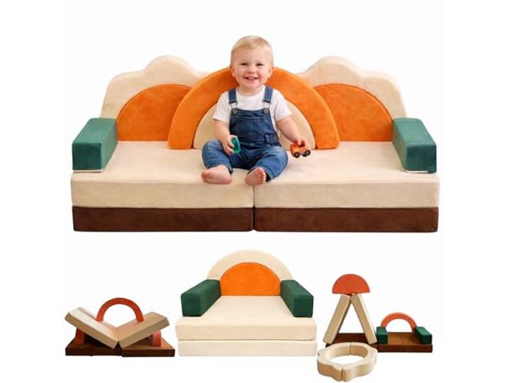 11-teiliges Kindersofa klappbar – Spielsofa modular ab 1 Jahr Montessori Sofa in Grün & Orange Bodensofa & Schlafsessel für Kinder