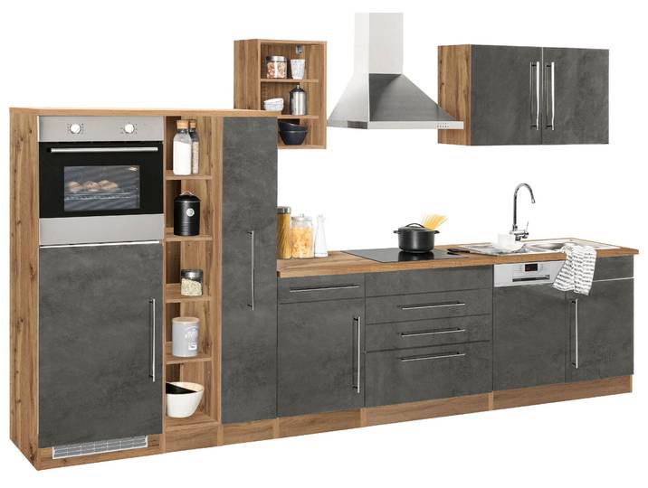 Küchenzeile, MDF, Beton Oxid & Wotaneichefarben, 350×200×60 cm, Mit E-Geräten & Induktionskochfeld, Modern
