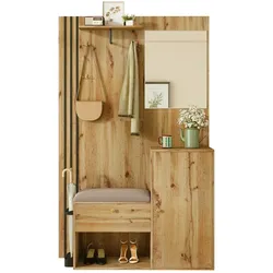 OKWISH Multifunktionaler Flurschrank aus MDF mit Soft-Close-Türen, verstellbaren Regalen, Kleiderstange, Spiegel, Schirmablage, Holz+Schwarz, 115x37x185 cm
