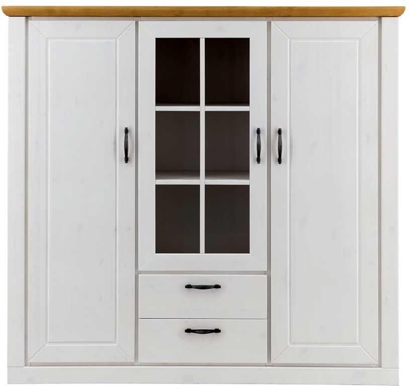 Pharao24.de Esszimmer Vitrinenschrank in Weiß und Kieferfarben Soft Close