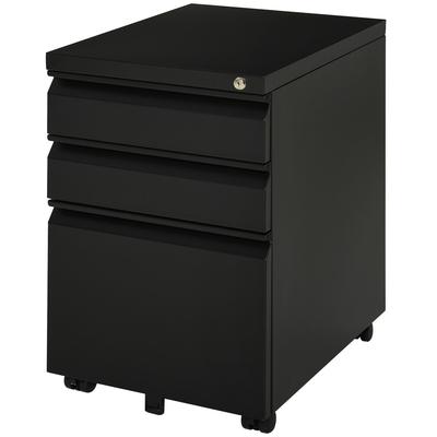OKWISH Rollcontainer Büroschrank Stahl Schwarz 39x48x60 cm mit 3 Schubladen abschließbar auf Rollen, Papierablage, Hängeregister